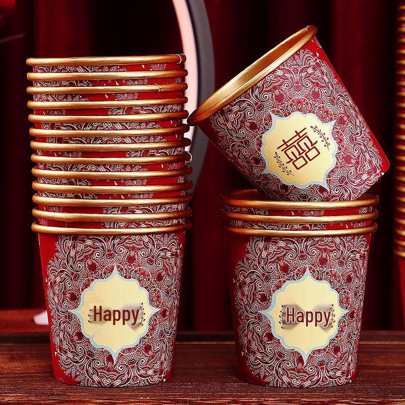 Disposable Wedding Paper Cups - Gold Foil Red Design for Anniversaries, Banquets, and Tea Ceremonies