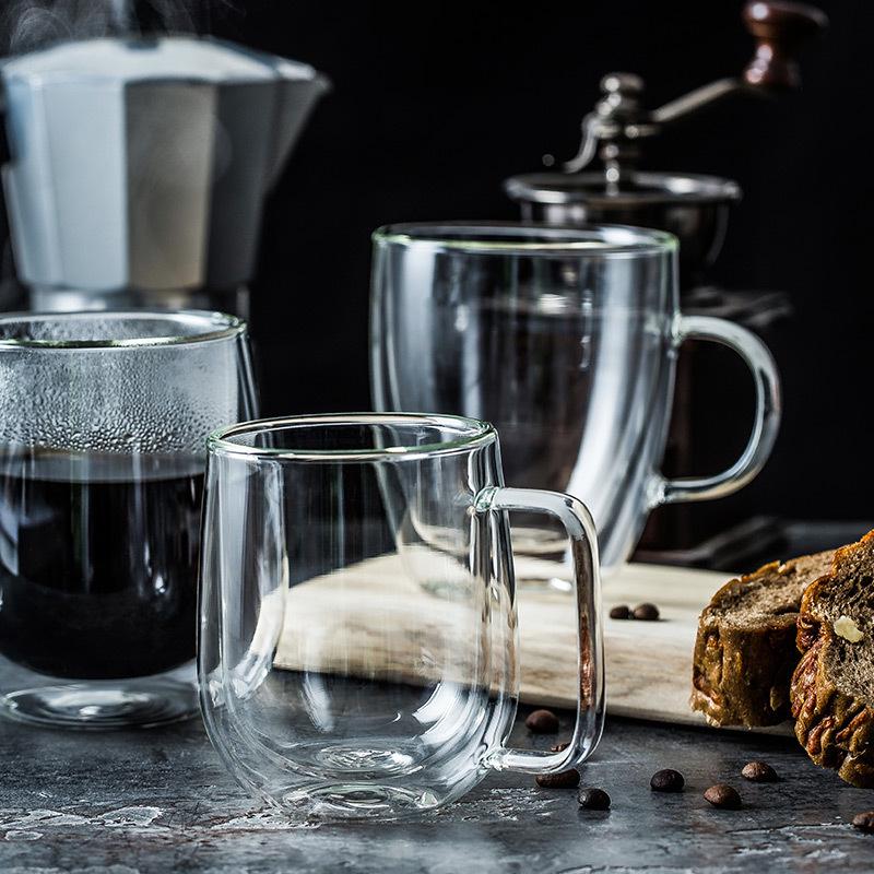 High-Temperature Resistant Double-Walled Borosilicate Glass Coffee Mug with Handle - Clear, Available in Multiple Sizes