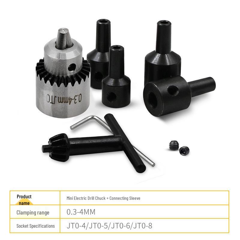 JT0 Micro Drill Chuck with Connecting Shaft, 0.3-4mm Capacity, Optional Bore Diameter: 4/5/6/8mm
