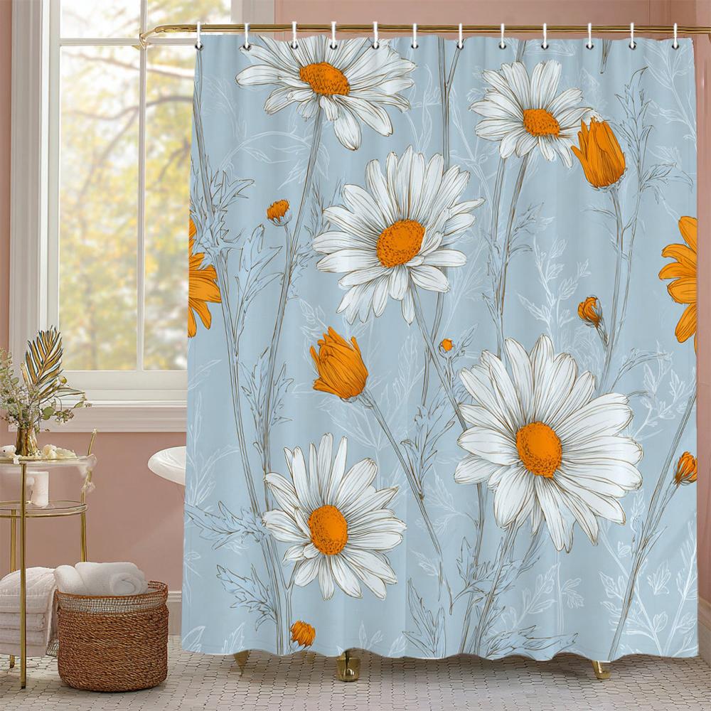 White Daisy Flowers Shower Curtain, Floral Art Bathroom Decorative Shower Curtain, Printed Polyester Fabric Curtain with Hooks