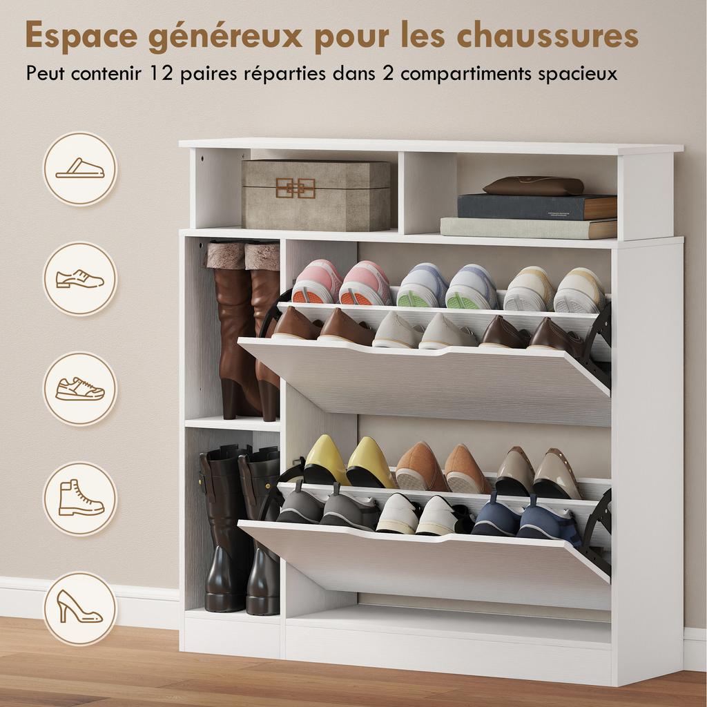 Shoe Cabinet, 2 Drop-Down Drawers, Open Compartments, Adjustable Shelf, White