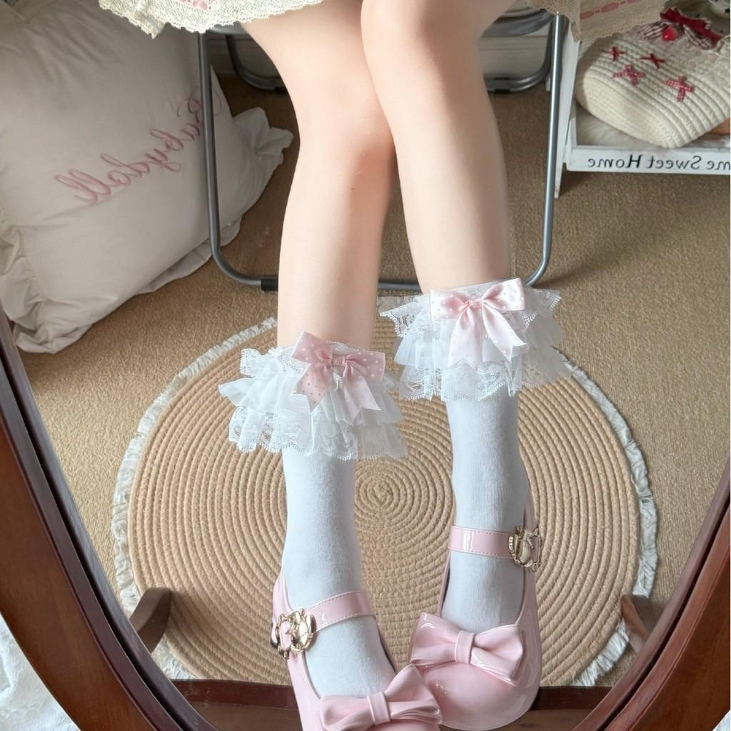 Lolita Cotton Socks With Polka Dot Bow Lace For Girls Spring Summer