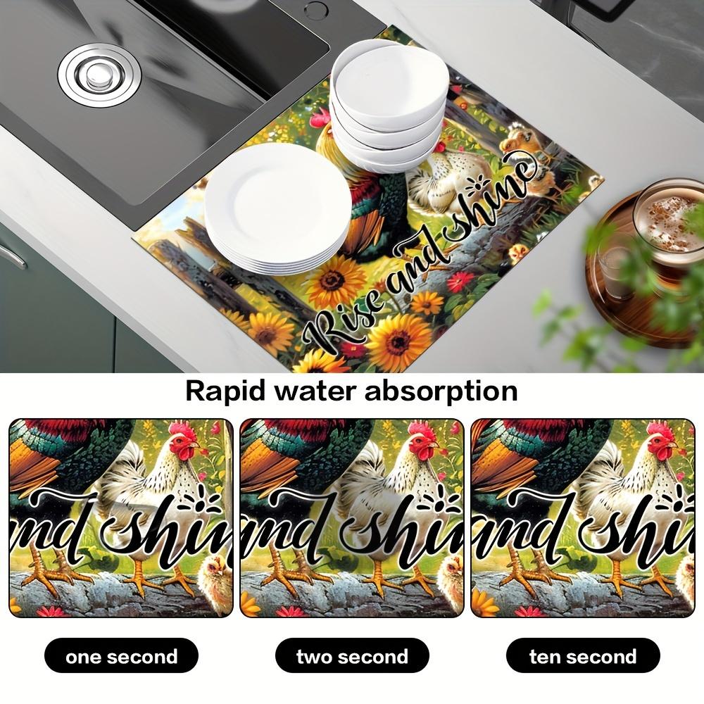1Pcs Rooster Rubber Drying Mat With Retro Coffee Tableware For Coffee Shop Kitchen Carpet Tableware Durable Diatom Mud Table Mat Pet Coffeeware Mat
