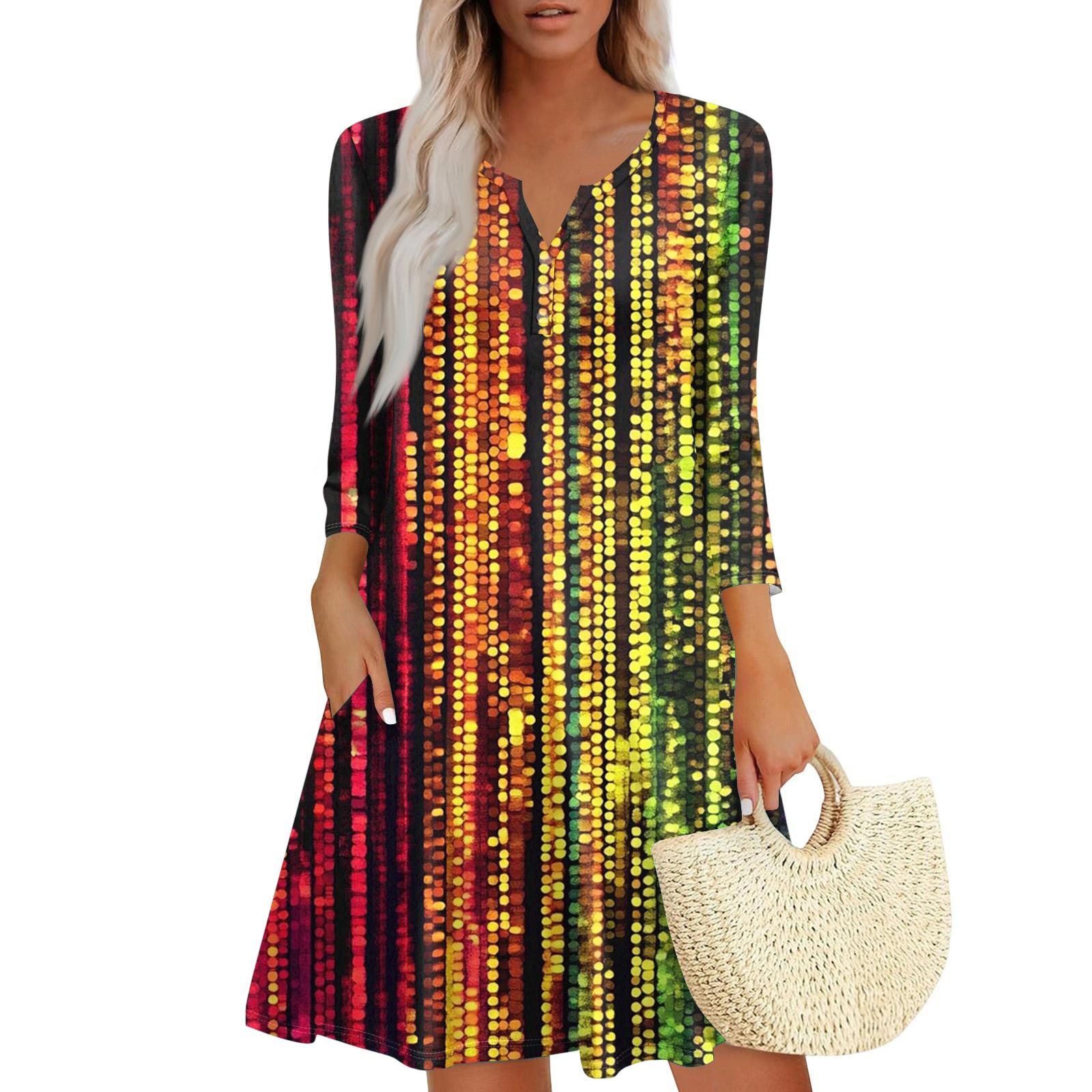Women s Dress Loose V Neck Three-quarter Sleeve With Pockets Dress L