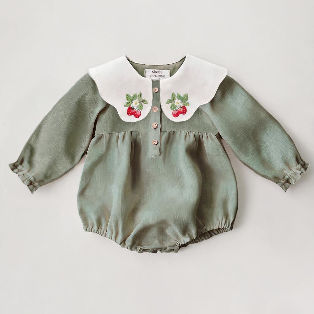 

Spring Cotton Linen Infant Girl Romper Long Sleeve Embroidered Baby Bodysuit Newborn Photography Clothing 18-24M 90 зелений