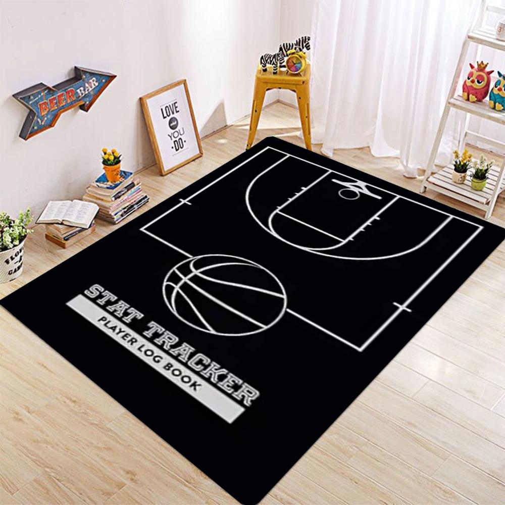 Großer Basketballplatz Muster Teppich für Wohnzimmer und Schlafzimmer Lebendiges Orange Sport Thema Bodenmatte Rutschfest Weicher Bereichsteppich