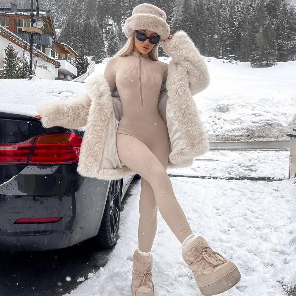 Women's Solid Color Windproof Bodysuit - Figure-Hugging, Autumn/Winter One-Piece, Wear Alone or Layered.