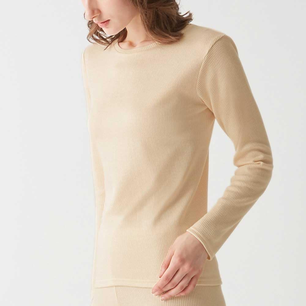 Gunze HOTMAGIC MH8446 Long Sleeve Cotton Warm Inner Rib Lanvin Navy Women's T-Shirt, Blend, Moisture-Wicking, Heat-Generating, Material,