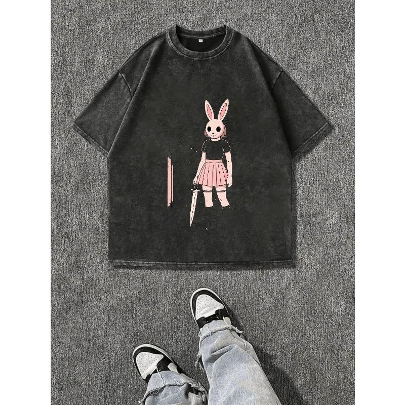 

European sizesMen s T-Shirt, Featuring a Round Neck And Short Sleeves, Adorned with a Stylized Pink Rabbit Graphic. S чёрный