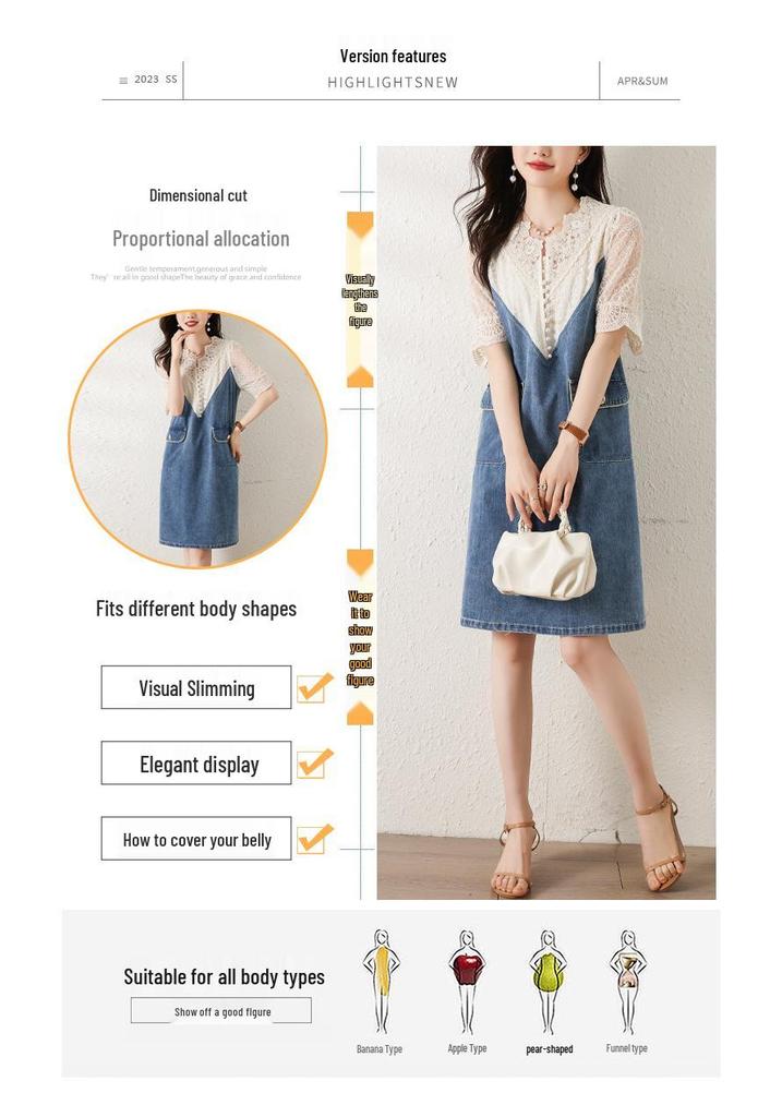 Plus Size Women's 2026 Summer Lace Patchwork Denim Dress - Light Luxury & Mature Style