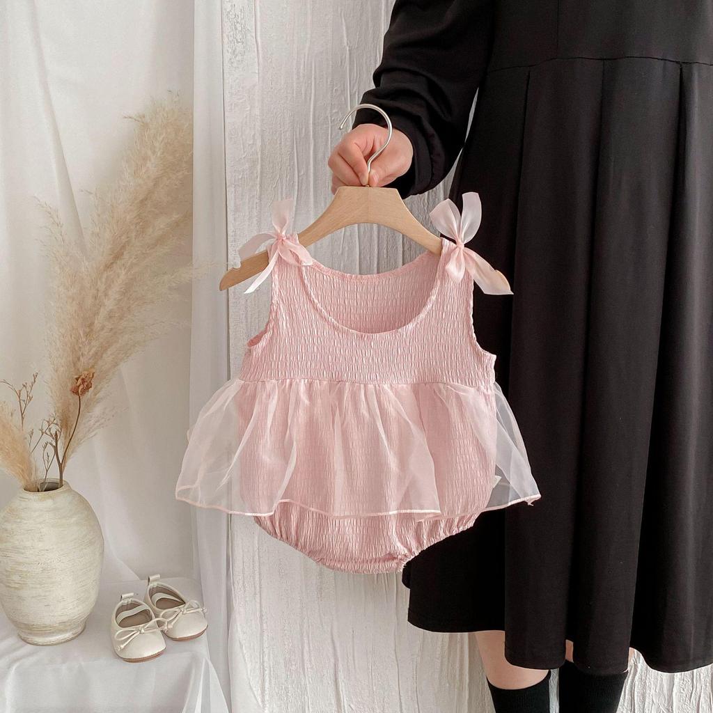 Summer Baby Romper: Pink Mesh Princess Dress with Sweet Bow for Newborn Girls