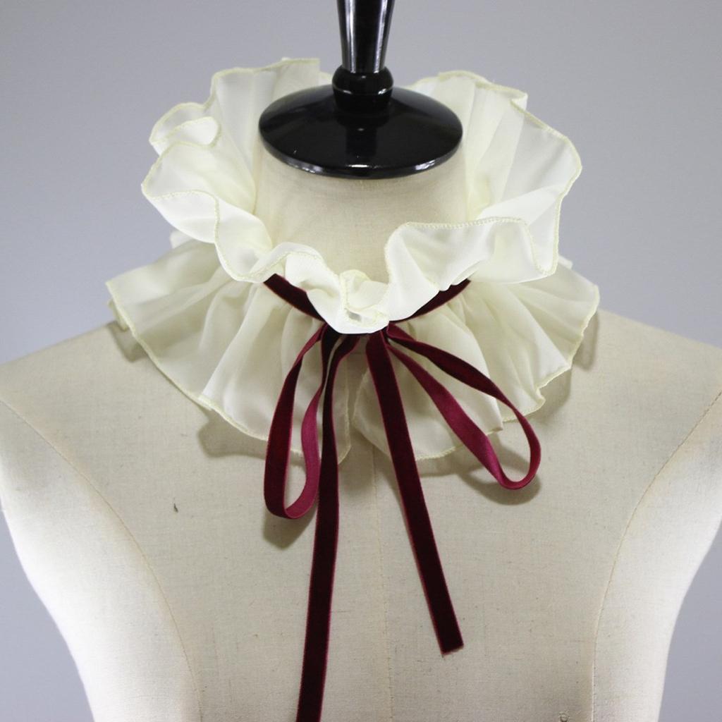 Women Vintage Chiffon Ruffled Detachable Fake Collar Ribbon Lace-Up Choker Shawl Wrap Renaissance Costume Neck Ruff