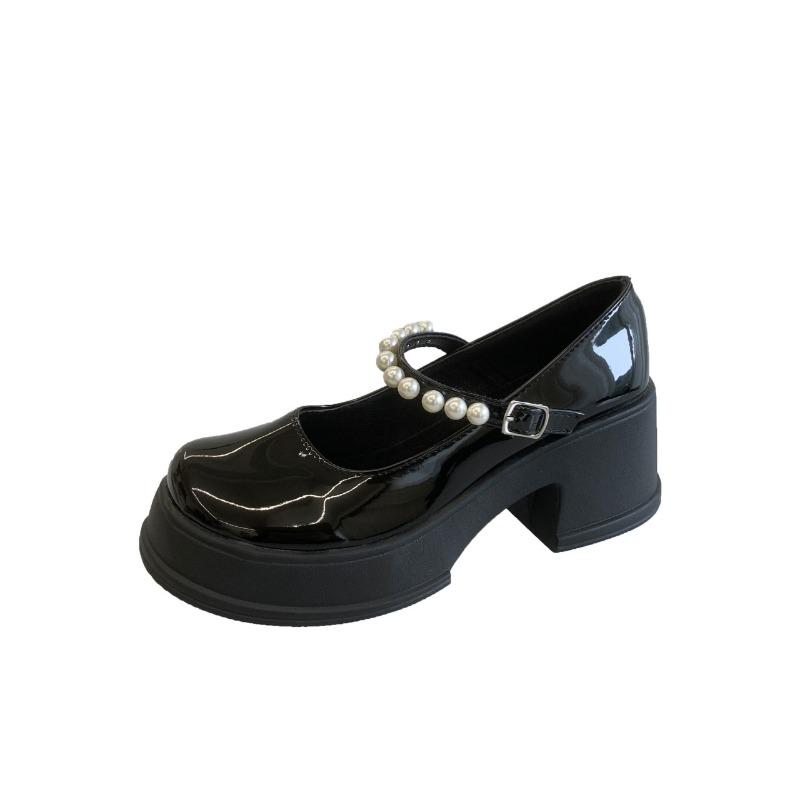 Spring new thick-soled women's shallow thick-heeled buckle beaded single shoes