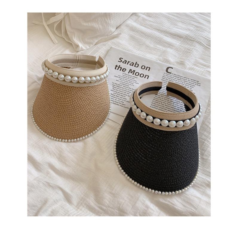 Straw pearl sun hat headband empty top straw hat women's summer hairpin no top cover face sun hat outdoor