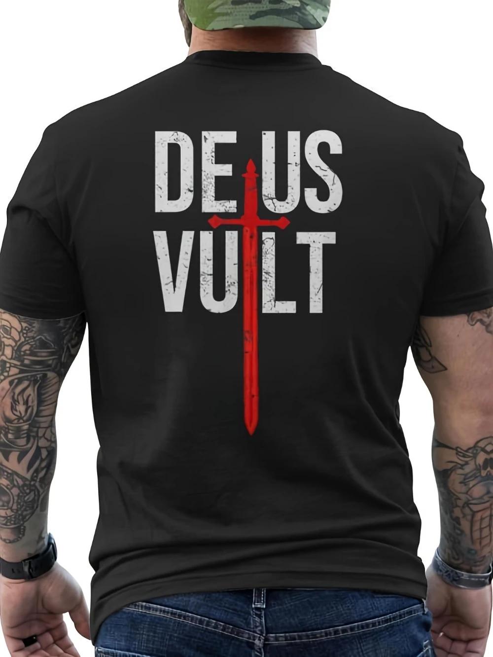 Men S Deus Vult I God Wills It Crusades T-Shirt Bold Red Latin Christian Graphic Tee with Back Print Black Short Sleeve 4XL