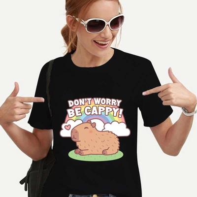Cartoon DONT WORRY BE CAPPY! Capybara Print Women T Shirt Casual O-Neck Tops Loose Harajuku T Shirt Black Shirts Clothes