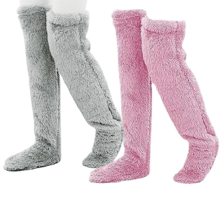 2 Pairs Womens Over Knee Stockings Thick Warm Fuzzy Plush Thigh High Long Socks Winter Leg Warmer Slipper Stockings