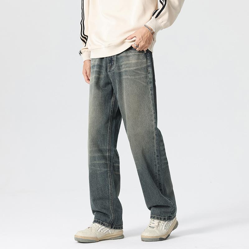 Heavy Autumn and Winter Loose Wide-leg American High Street Non-elastic Jeans Men's Trendy Brand Retro Old Versatile Long Pants