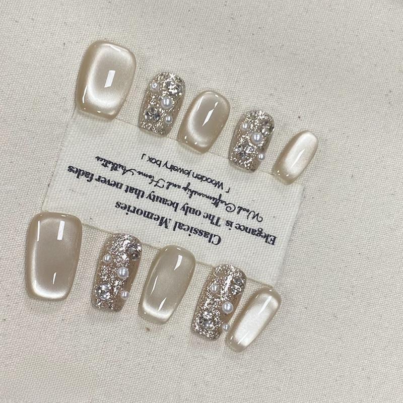 Rainy Day: Champagne Rhinestone & Pearl Cat Eye Handmade Sparkle Nails Size M