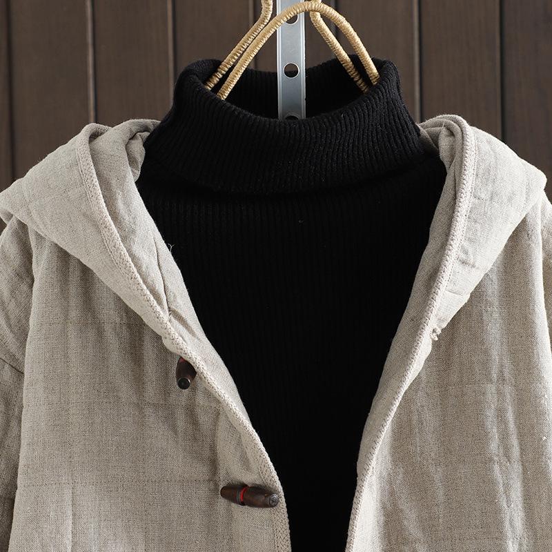 2025 Winter Damen Kapuzen-Steppjacke mit künstlerischem Karomuster und Hornknöpfen