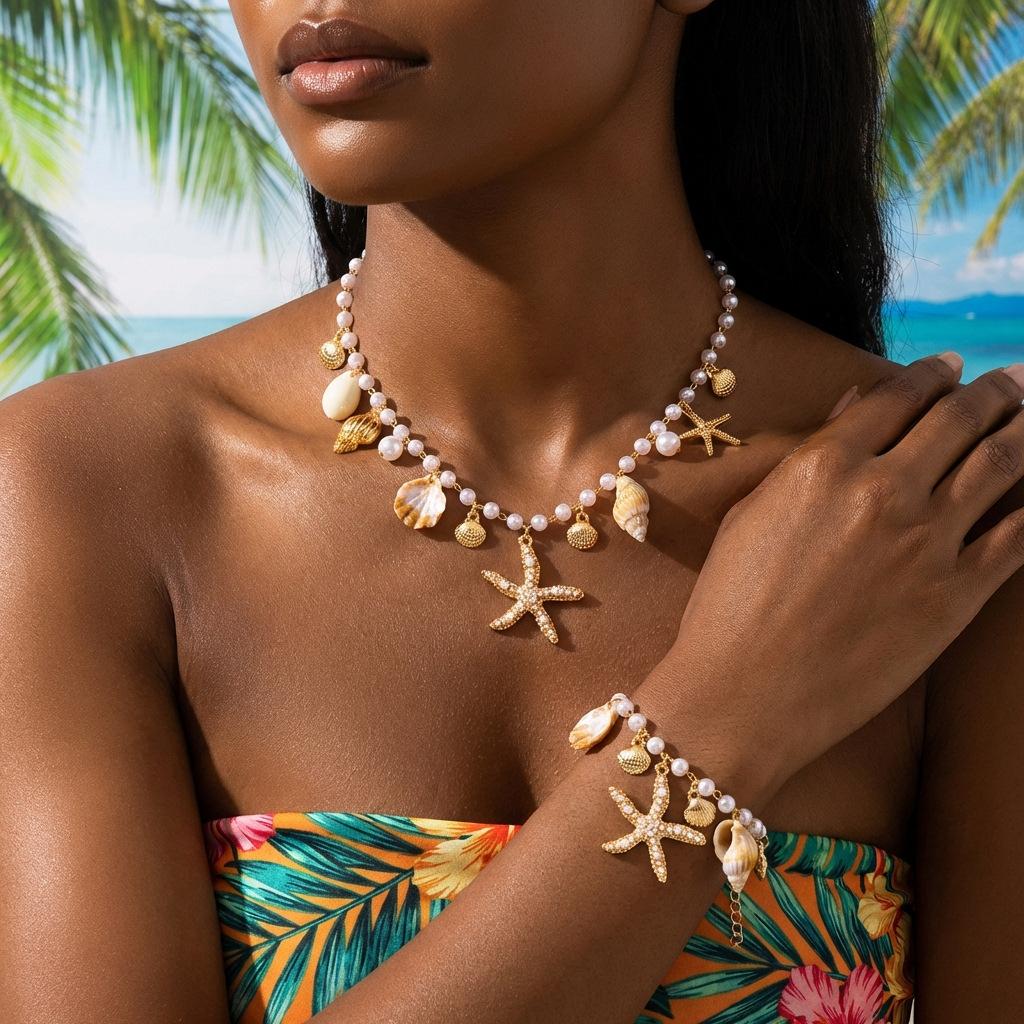 Women's New Bohemian Summer Beach Shell Necklace Bracelet Imitation Pearl Starfish Conch Anklet