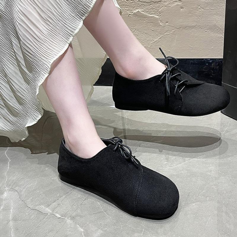 Suede Flat Single Shoes Autumn New Round Toe Deep Mouth Front Lace-Up Soft Sole Non-Slip Wear-Resistant Plus Size Low Top Shoes