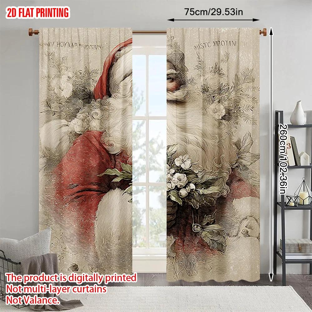 2pcs   plane printing Popular Curtains Vibrant Santa with Holly & Berries Polyester Woven (without rod) Room Decor for Bedroom