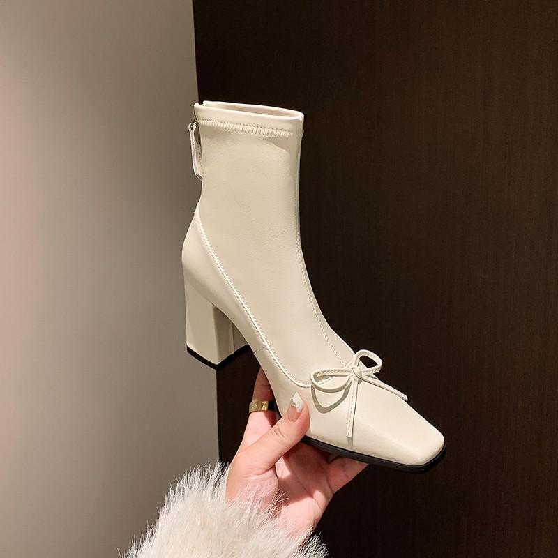 

Fashion 2025 New Women s Fashion Chunky Single Boots Fall New Square Head Butterfly Knot After Zipper Temperament High Heel Boots 35