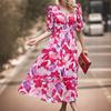Women's Floral Print V Neck Maxi Dress Casual Loose Elastic Waist A Line Midi Dress