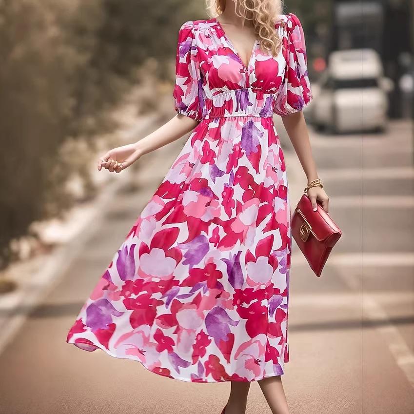 Women's Floral Print V Neck Maxi Dress Casual Loose Elastic Waist A Line Midi Dress