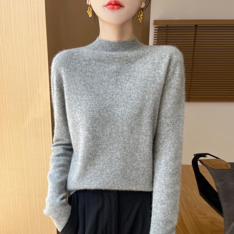 Women's Soft Pure Wool Sweater - Half-High Neck, Slimming, Fashionable, Skin-Friendly Knit