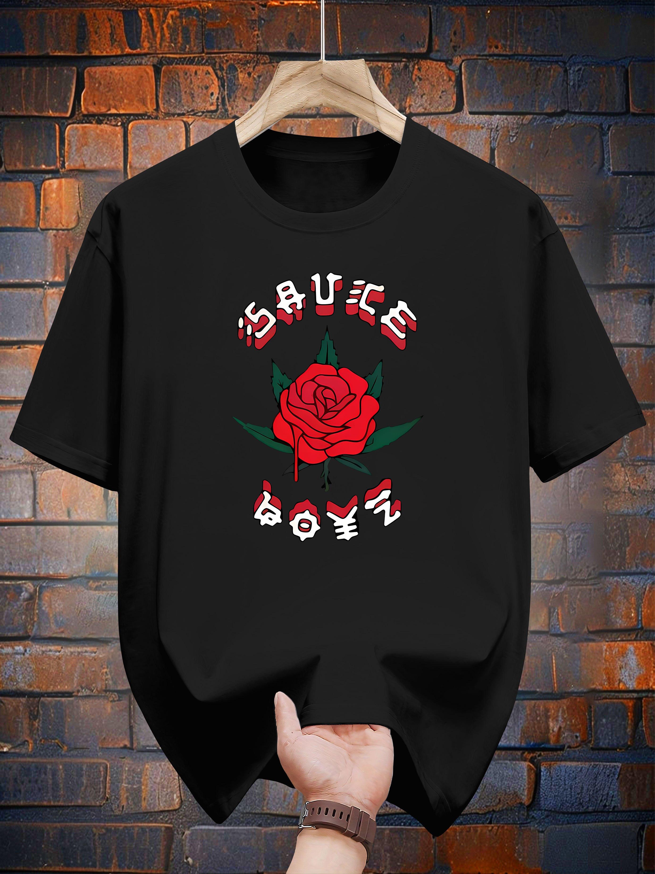 

Graphic T-shirt - Casual Summer Short Sleeve Tee with Red Rose & SAUCE Print S