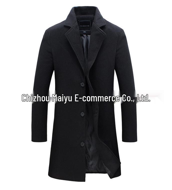 2024 Men's Solid Color Single-Breasted Wool Trench Coat
