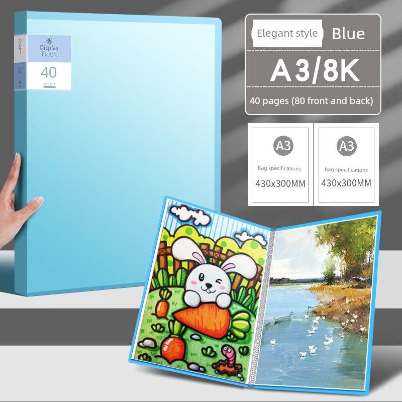 Poster Storage Book Portfolio Folder 8K Painting 4K Painting A4 Favorites 8 Open A2 Album Kids Art Drawing Paper SAVE Award Storage Card Holder 1 Piece [A3/40 Pages] Blue