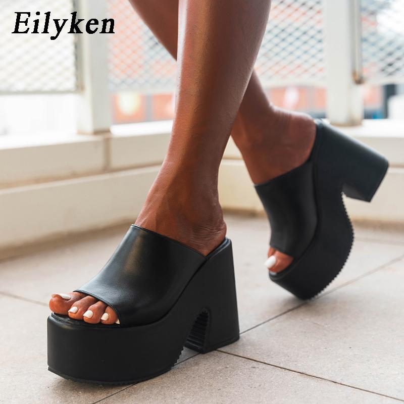 Fashion Eilyken New Brand White Chunky Heeled Mules High Heels Slippers  For Women Sexy Party Platform Heel Sandals Shoes size 43