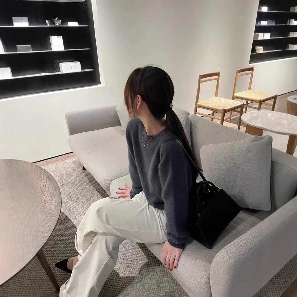 Women's Solid Color Cashmere Knit Sweater - Round Neck, Drop Shoulder, Loose Fit, Versatile Korean Style