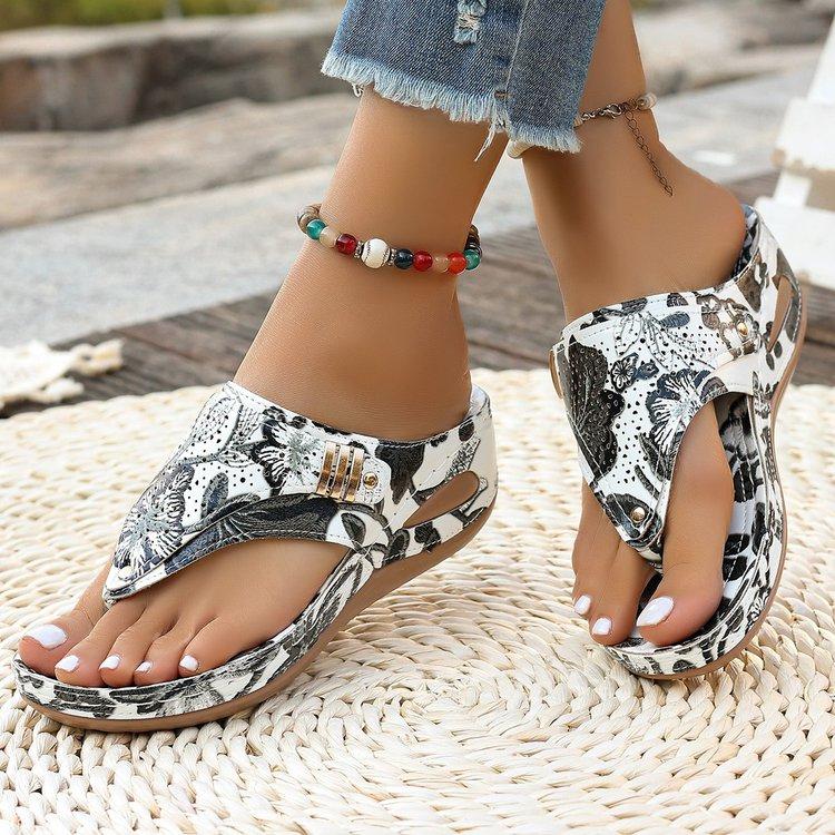 Women's Floral Print Flip Flops Wedge Heel Thong Sandals Casual Summer Beach Slippers Plus Size 43