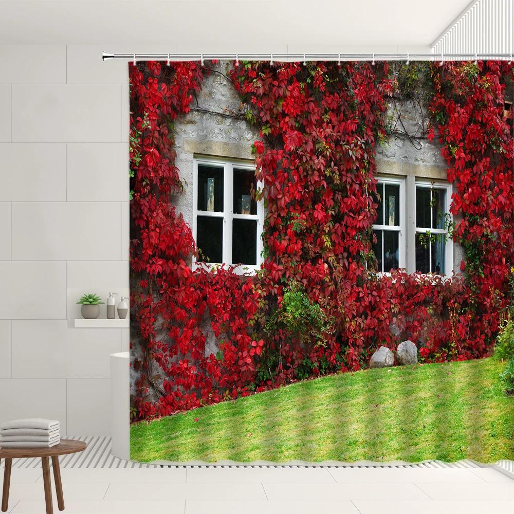

Natural Landscape Shower Curtain Set Homestay Ivy Flower Wall 3D Window View Home Bathroom Decor Hanging Curtains Bathtub Screen W90XH180cm