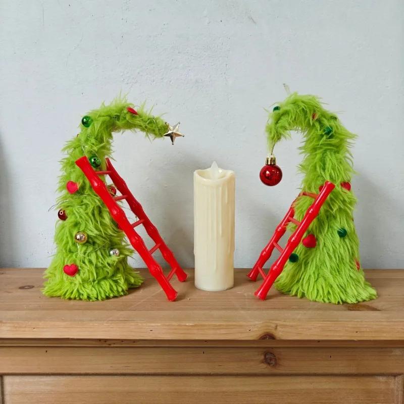 Bendable Plush Christmas Tree Holiday Desktop Ornament with Mini Ladder for Party Decorations