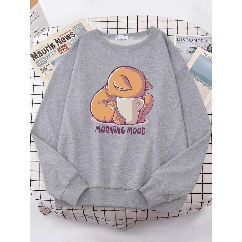 Cat Is Looking At The Cup Lovely Sweatshirt Female Fashion Fleece Hoody Crewneck Casual Hoodies Pullover Oversize