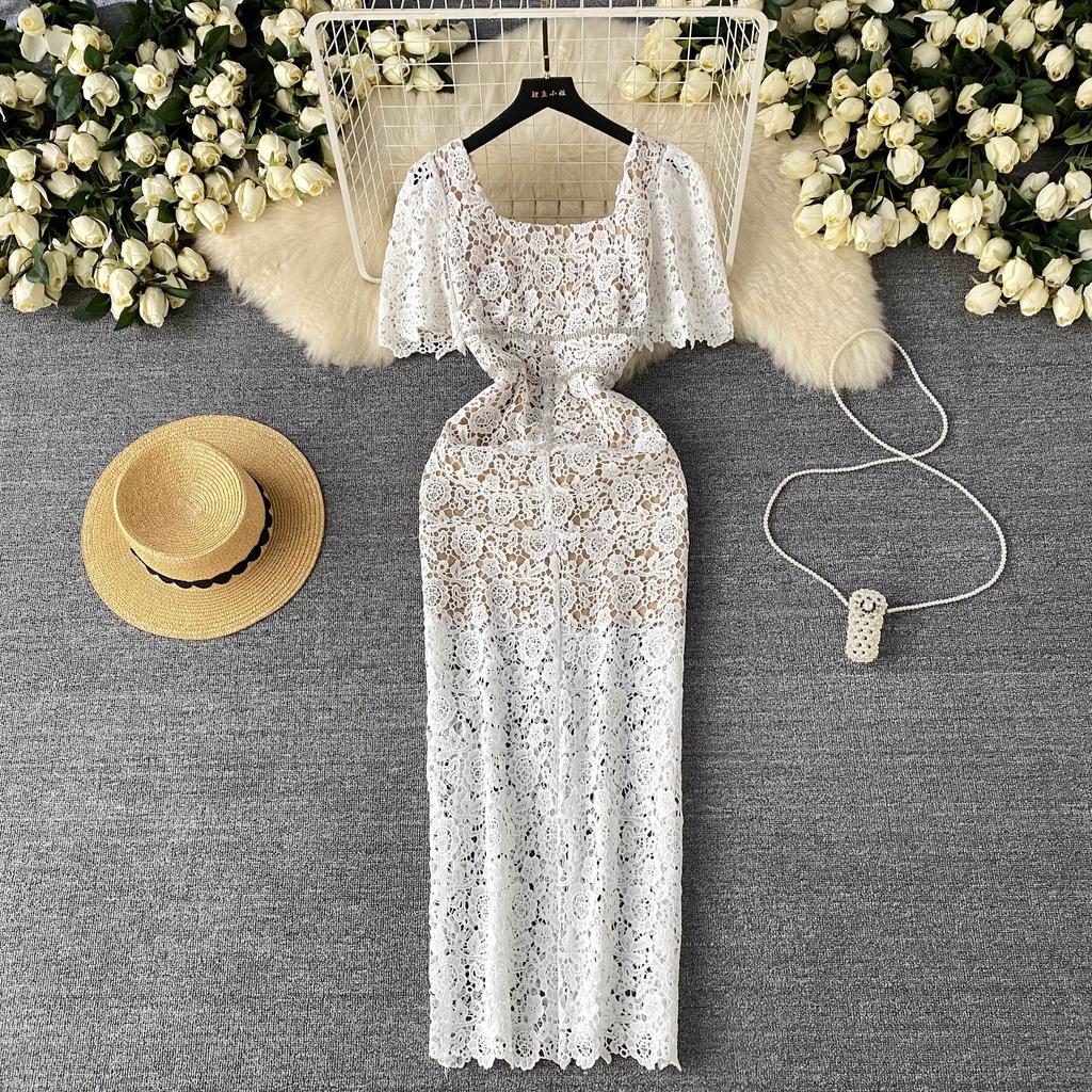 Summer Women Elegant Luxury Beading Lace Crochet Flower Slim Long Maxi Bodycon Pencil Party Dresses