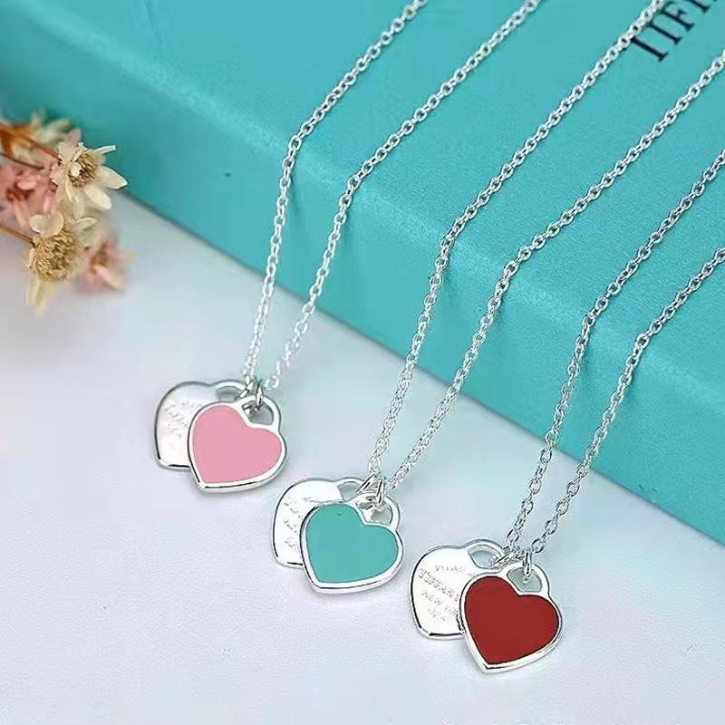 Korean Version Of Fashion Temperament Necklace Female Red Heart Dripping Oil Enamel Blue Clavicle Chain Double Heart Hanging Quality
