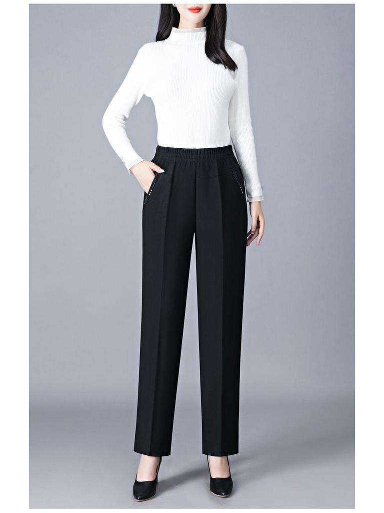 Fleece-Lined High-Waisted Straight-Leg Pants for Middle-Aged & Elderly Women - Ideal for Spring & Autumn