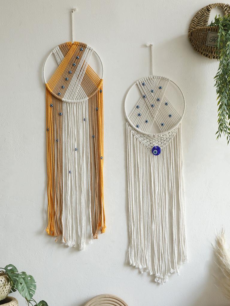 Handmade Macrame Wall Hanging with Fringe and Evil Eye Beads – Boho Chic Yarn Tapestry Home Bedroom Living Room or Nursery Decor