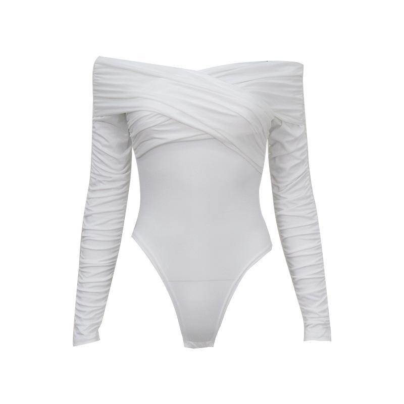European-American One-Shoulder V-Neck Ruched Long-Sleeve High-Waist Jumpsuit for Women