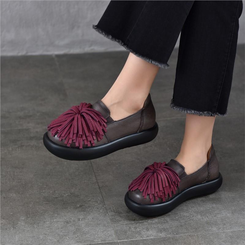 Johnature Genuine Leather Thick Soled Women's Shoes Comfortable Retro Handmade Tassel Slip-on Shoes
