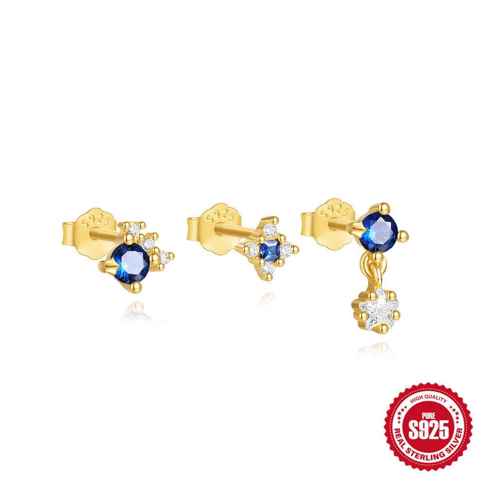 

Delicate And Small Dream Blue Zirconium Star Candy Star Horse Eye Stud Earrings Three-Piece Set, Premium Zircon Earrings. 925 Silver