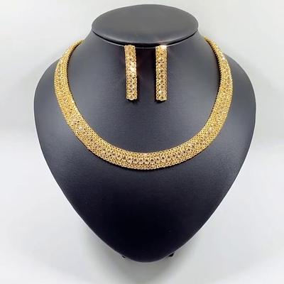 Fashion Luxury Gold Rhinestone Necklace Earrings Jewelry Set Bridal Wedding Romantic Jewelry Necklace AVE