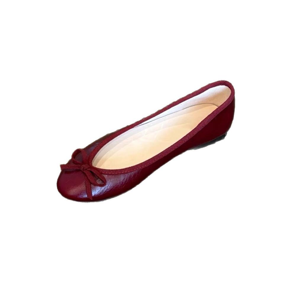 Sheepskin version~ Gentle retro bow flat-bottomed ballet shoes for women's comfortable soft-soled round head one-pedal light-mouth single shoes
