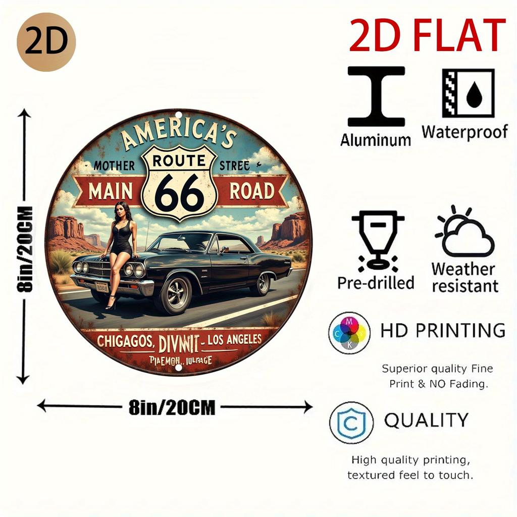 D Flat Vintage Route  Metal Wall Art Sign  Retro Aluminum Tin Decor with Classic Car  Woman in Bikini Americana Road
